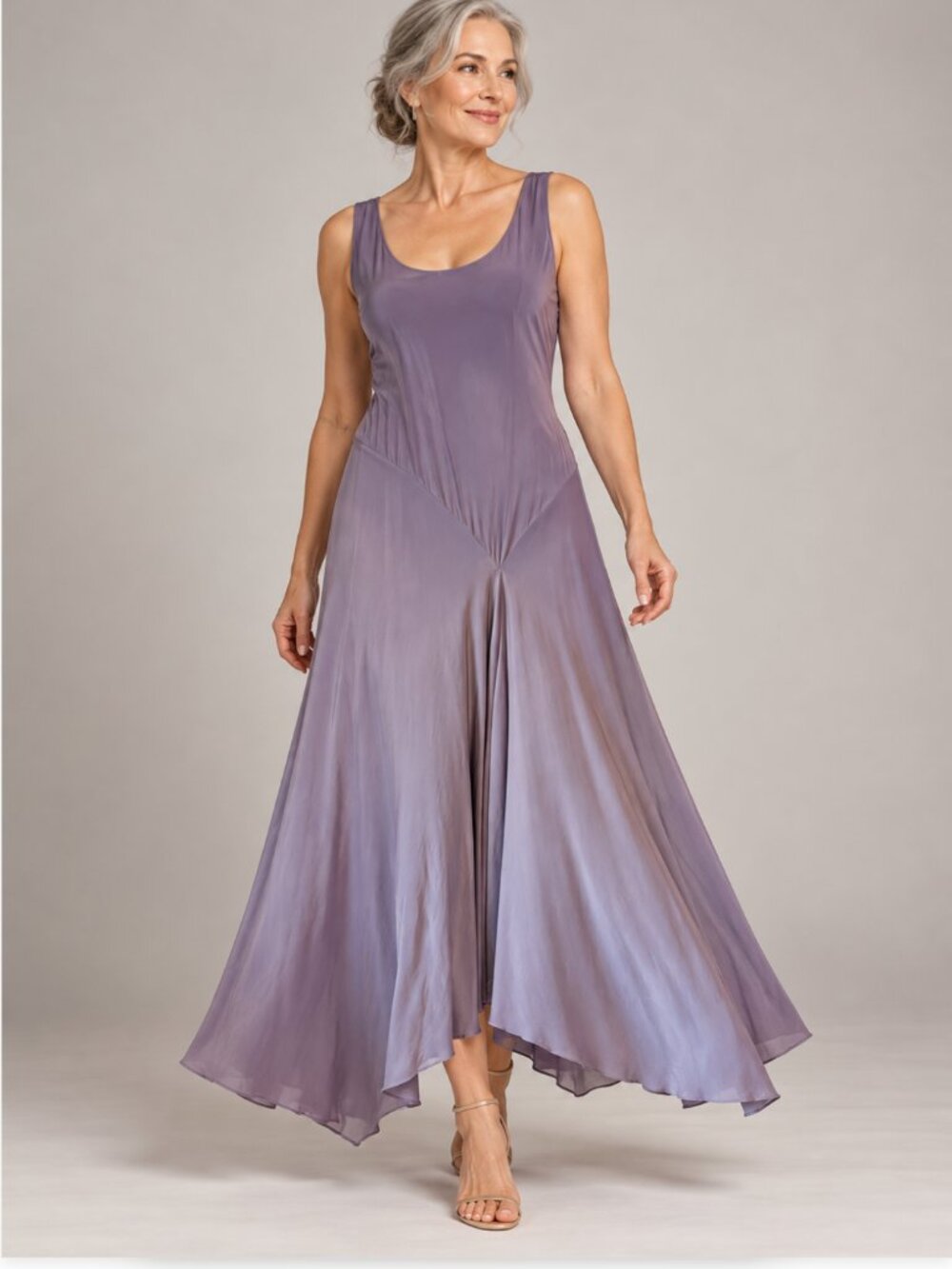Eileen Fisher 100% Silk Lavender Draped Maxi Dress & Slip Size S